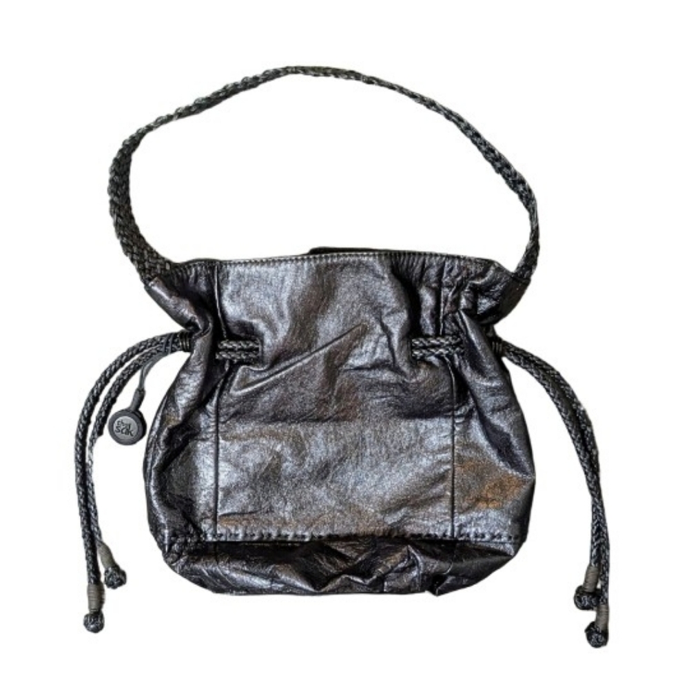 The Sak Metallic Silver Genuine Leather Braided Shoulder Strap Bucket Bag